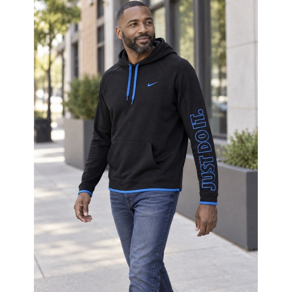 Nike Dri-FIT Men's Black & Blue Fleece Pullover Hoodie w/ Pockets Size L